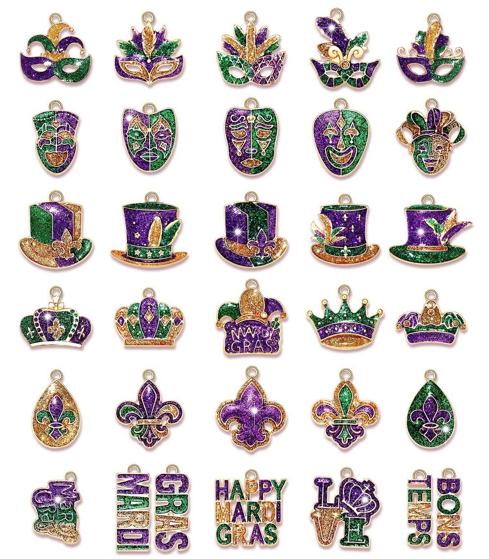 9982 30PCS Mardi Gras Charms for Jewelry Making, Glitter Mask Hat Crown